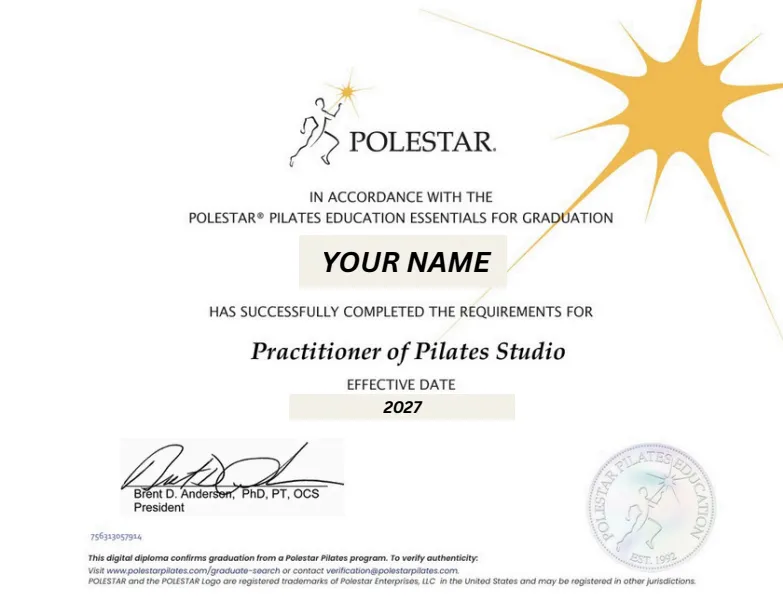 Sample Polestar Pilates education diploma